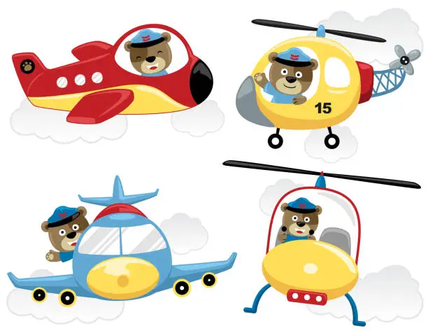 Vector illustration of Vector set of air transportations with funny animals pilot