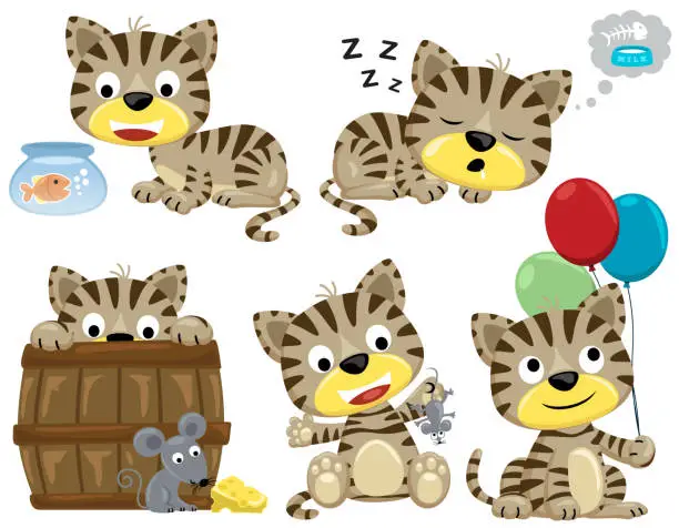 Vector illustration of Vector set of little kitten cartoon in different activities