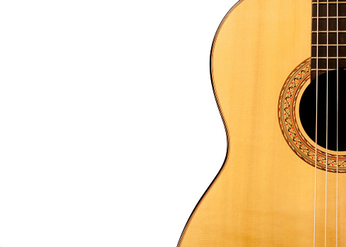 Acoustic  guitar close up isolated  on a white background