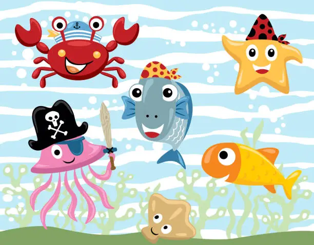 Vector illustration of Group of funny marine animals cartoon with pirate costume