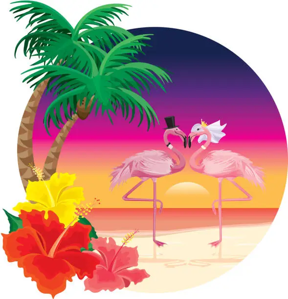 Vector illustration of Flamingos in Love at the Beach