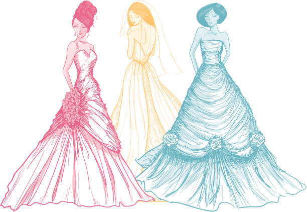 Rainbow colored brides drawn in a sketch like style Three Fashionable brides - one in turquoise blue, one in sunflower gold and one in honeysuckle pink. Each is a single color monotone with a global swatch. Each is a complete figure that is grouped separately for easy arranging. wedding dress back stock illustrations