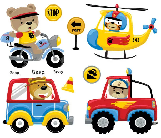 Vector illustration of Vector set of funny animals cartoon on vehicles