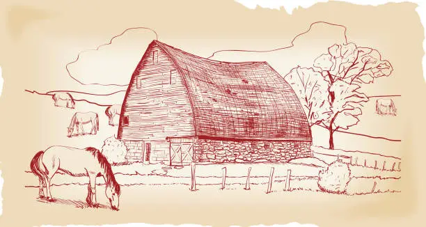 Vector illustration of Barn with Pasture and Horses