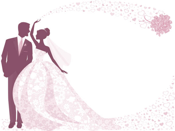 Bride and Groom Silhouette in Purple with Rose Bouquet vector art illustration