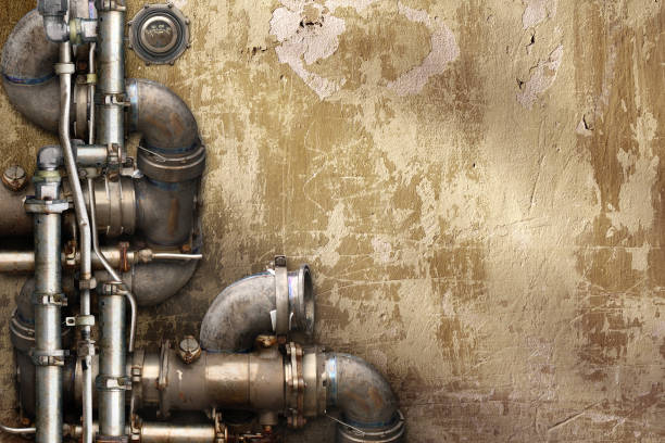 istock Vintage steampunk backdrop with pipes on stucco wall. Open space with concrete wall and pipelines. Copy space for text. Grunge interior retro background 1603526412