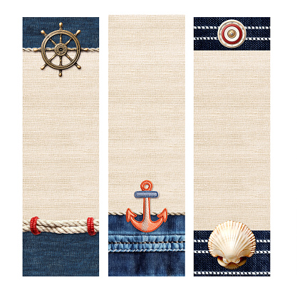 Set of vintage travel vertical banners with shell, felt anchor on denim background. Collection of nautical vacation tag, badge or label in retro style. Mock up template. Copy space for text