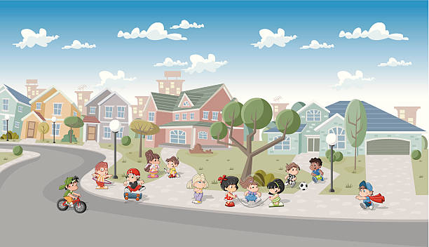 мультяшный дети играют на улице - recreational pursuit schoolboy cartoon skate stock illustrations