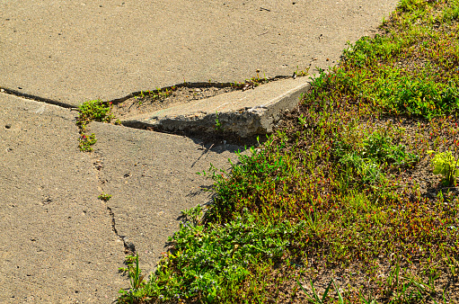 Broken damaged concrete sidewalk needs replacing to prevent personal injury.