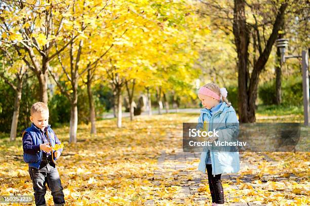 Дети В Красочный Осенний Парк — стоковые фотографии и другие картинки Близость - Близость, Веселье, Весёлый