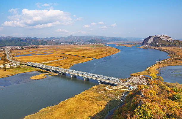 Railway bridge through the river Partizanskaya (Primorsky krai, Russia). Top view