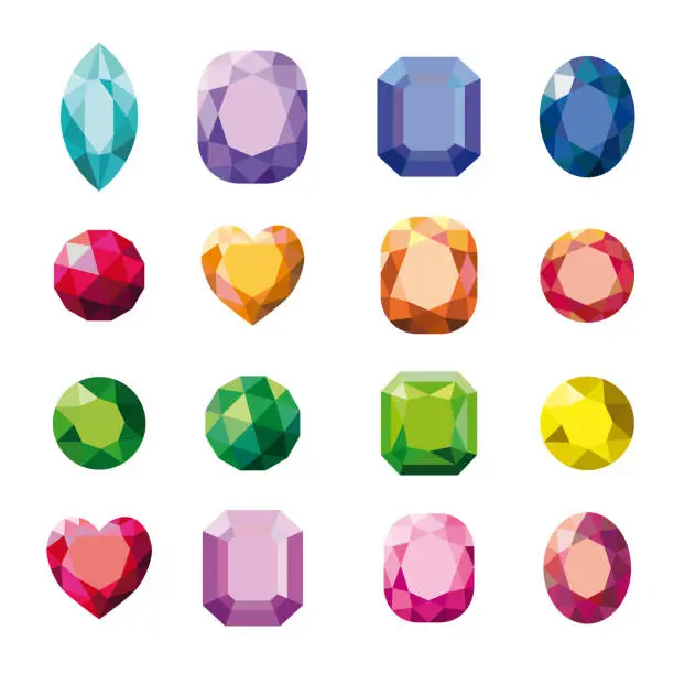 Vector illustration of A set with a variety of gemstones in different colors and shapes.
