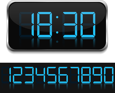 Blue digital clock, vector eps10 illustration (transparent effects were used to create shadows, reflections and glares)