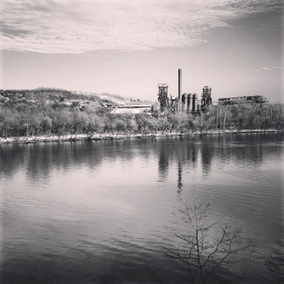 Carrie Furnace on the Monongahela River outside of Pittsburgh, Pennsylvania.   The Carrie Furnace is an old blast furnace and was once part of the Homestead Steel Works.    There are plans to develop the area around the Carrie Furnace and maintain the structure as an integral part of the development.   Photographed with an iPhone and processed in instagram.