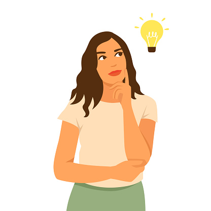 Cartoon young standing woman thinking with thinking bulb. Businesswoman thinks about problem vector illustration. expression and think problem