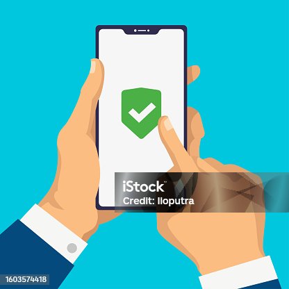 istock Green Shield on smartphone screen. Hand holds the smartphone and finger touches screen. Modern Flat design illustration. template 1603574418