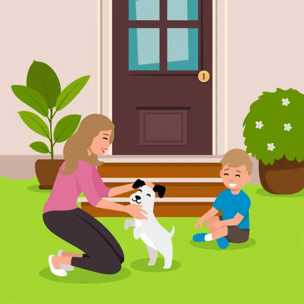 Vector illustration of Woman squatted down and hugs her dog. Colorful vector illustration in flat style. with his little boy smilling