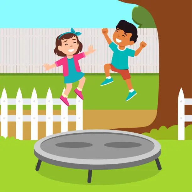 Vector illustration of boy and girl playing trampoline at backyard flat illustration character set jumping on trampoline