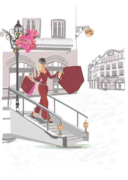 Vector illustration of Fashion young woman in hat with shopping bags in the city.  Fashion girl portrait sketch.
