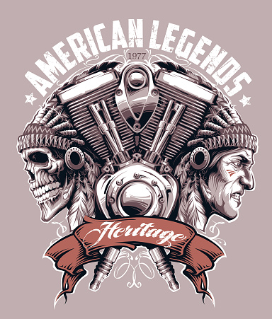 Vector Skull and Man in Indian headdresses and a motorcycle engine