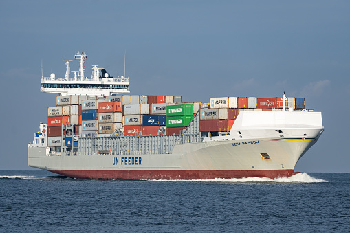 CUXHAVEN, GERMANY - NOVEMBER 21, 2022: container ship Vera Rambow on the river Elbe