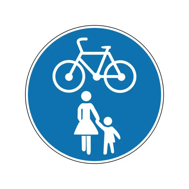 Vector illustration of Path for cyclists and pedestrians. Walking and cycling sign. Required sign. Round blue sign. Road sign. Obey the rules of the road. Cyclist and pedestrian.