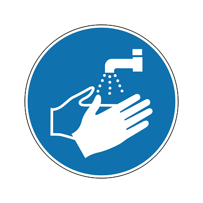 Wash your hands sign. Mandatory sign. Round blue sign. Keep clean hands. Personal hygiene. Wash your hands to avoid disease and bad germs