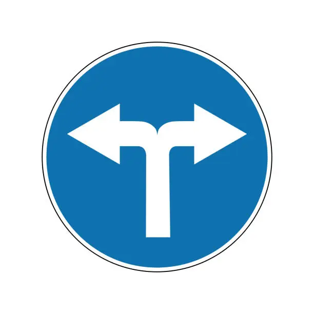 Vector illustration of Sign turn left and right. Mandatory sign. Round blue sign. Turn right and left. Sign allows movement only to the right and to left. Obey the rules of the road. Road sign.