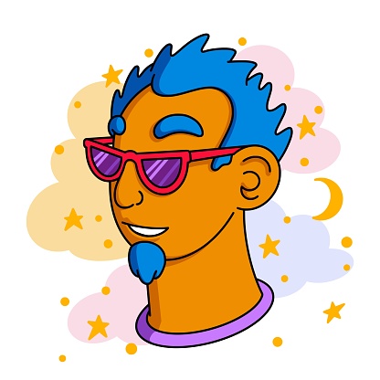Mixed race man portrait. Blue hair, small beard, red glasses or sunglasses. Young boy. Diverse tousled male avatar. Stylish, unique and edgy look. Vector Modern cartoon illustration