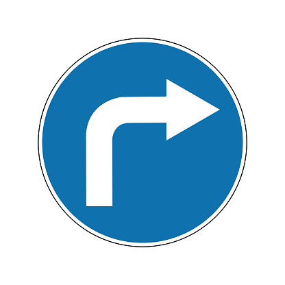 Right turn sign. Mandatory sign. Round blue sign. Right turn. Sign allows movement only to right. Road sign. Obey the rules of the road