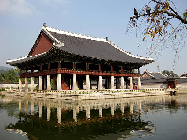 oiseaux sur gyeonghoeru pavilion, le palais de gyeongbokgung, seoul - gyeongbokgung palace stone palace monument photos et images de collection