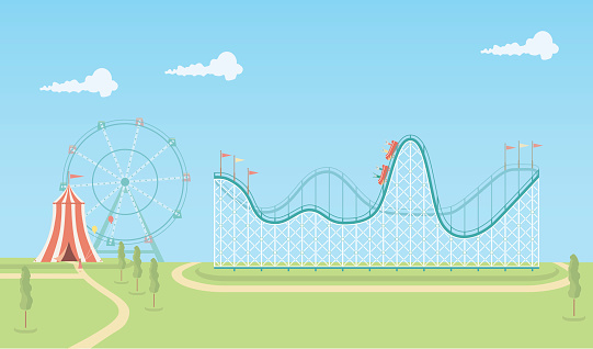 An illustrated scene of fairground on a bright day with rollercoaster, circus tent and ferris wheel. This is an easy to edit vector illustration with CMYK color space. Each element on the fairground is on a separate layer and can be easily edited.