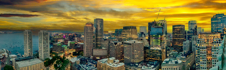 Panoramic High view of the city of Boston Cityscape Skyline Looking South Towards the South End and South Boston