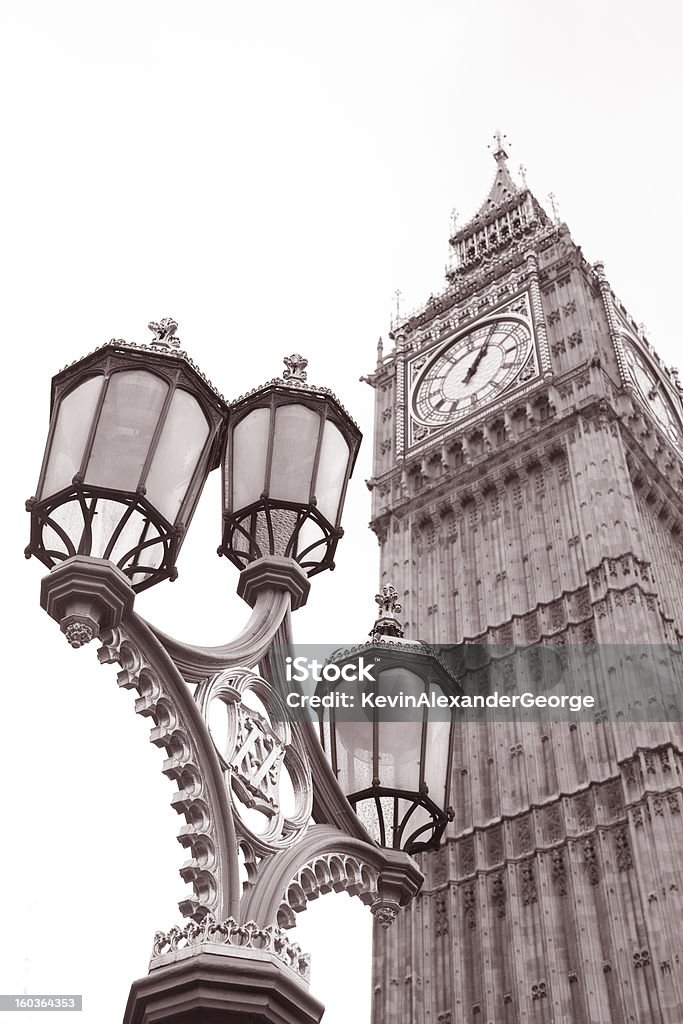 Lamppost and Big Ben at Westminster, London Lamppost and Big Ben at Westminster, London in black and White Sepia Tone Big Ben Stock Photo