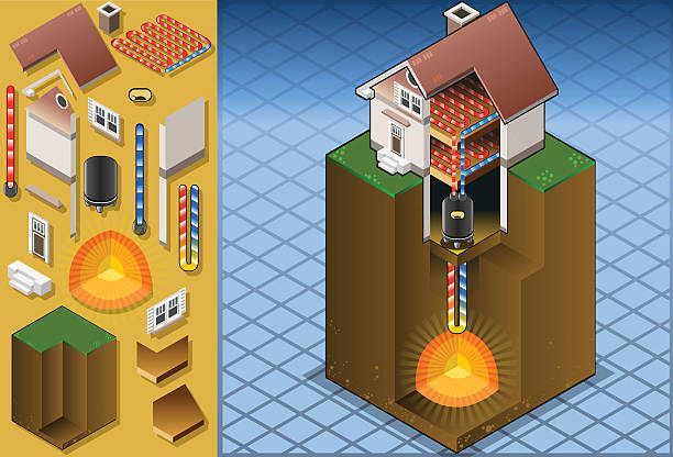 ilustrações, clipart, desenhos animados e ícones de geotérmica de bomba de calor/underfloorheating diagrama - architecture three dimensional geothermal power station three dimensional shape