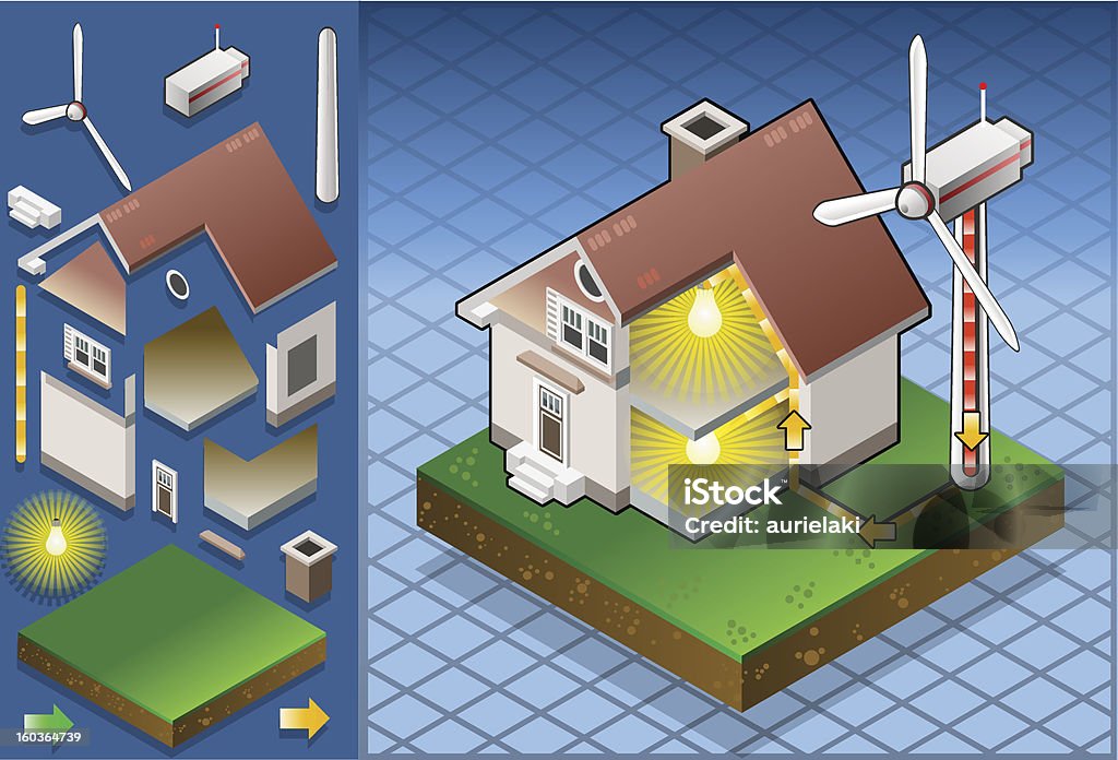제품의 등각투영 하우스, 풍력발전기 - 로열티 프리 0명 벡터 아트