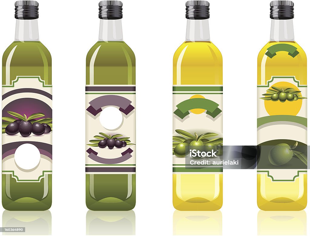 Quattro bottiglie di olio d'oliva - arte vettoriale royalty-free di Alimentazione sana