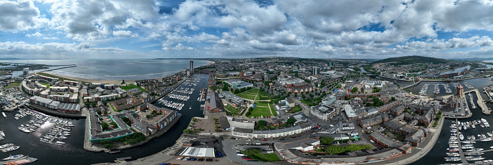 Editorial Swansea, UK - August 04, 2023: Panoramic drone view of Swansea City in South Wales UK