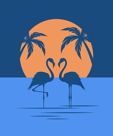 Silhouette of a two flamingos standing in the water on the sunset background. Flat vector illustration