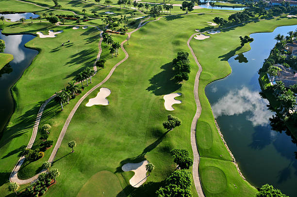 aerial view of nice florida municipal golf course - golf course stok fotoğraflar ve resimler