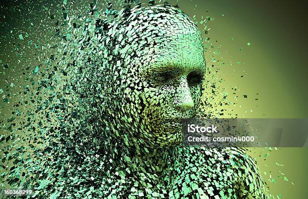 Abstract Character Shattered Into Pieces Stock Photo - Download Image Now - Breaking, Digitally Generated Image, One Person