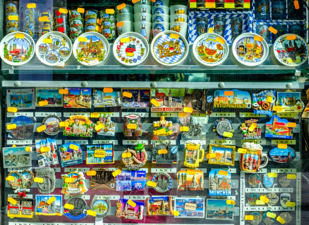 Munich, Germany - July 27: typical souvenirs and gifts at a kiosk at the old town of munich on July 27, 2022
