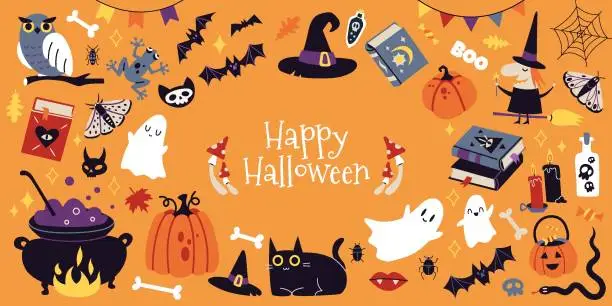 Vector illustration of Happy Halloween set with pumpkins, bat and decoration  carnival elements. Mystical magic collection clip art. Trendy modern vector illustration on orange background, hand drawn, flat design