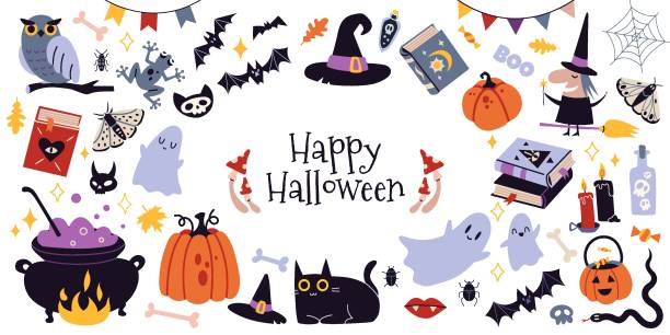 ilustrações de stock, clip art, desenhos animados e ícones de happy halloween set with pumpkins, bat and decoration  carnival elements. mystical magic collection clip art. trendy modern vector illustration isolated on white background, hand drawn, flat design - witch halloween cauldron bat