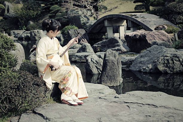 kobieta gra shamisen w ogród japoński - rock garden zdjęcia i obrazy z banku zdjęć