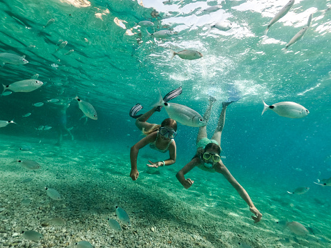 two children snorkeling with fish in calabria tropea