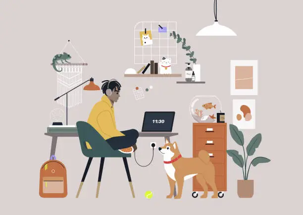 Vector illustration of A remote home office adorned with an array of posters, plants, and charming knickknacks, creating a cozy and personalized atmosphere