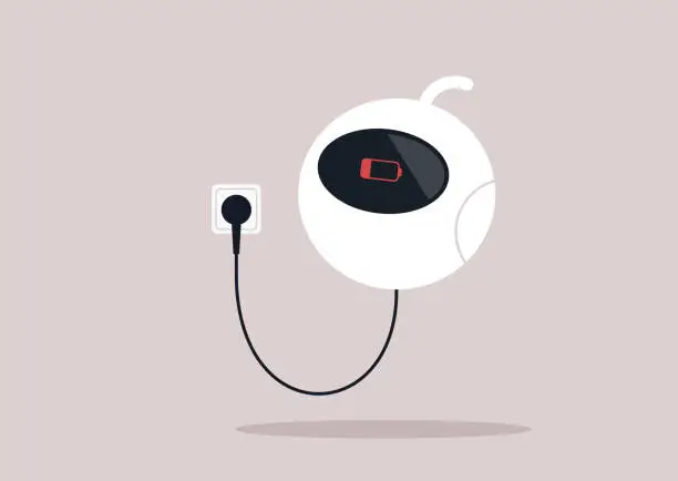 Vector illustration of A robot charging its battery with a power plug and socket, a standby mode