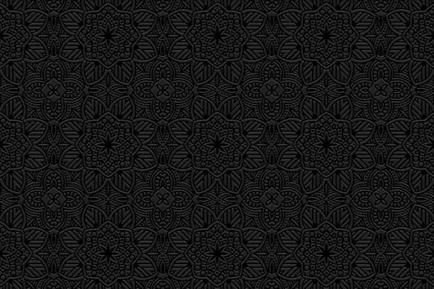 Vector illustration of Embossed floral black background, cover design. Geometric 3D pattern, press paper, leather. Boho, handmade. Tribal color, ethnic motives of the East, Asia, India, Mexico, Aztec.