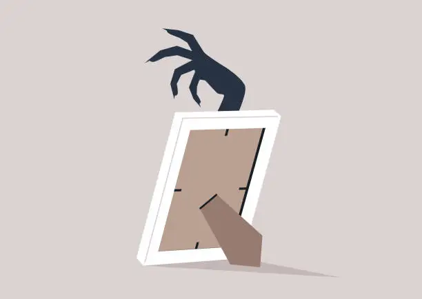 Vector illustration of A haunting portrayal of a traumatic memory materializes in the form of a clawed hand emerging eerily from within a photo frame, evoking a sense of distress and unease